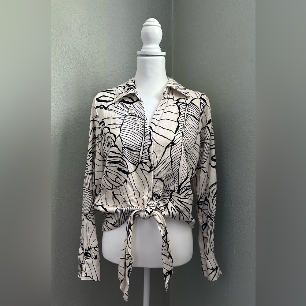 Rachel Zoe Black and White Long Sleeve Tie Front Blouse